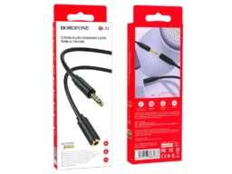 Кабель AUX, Jack 3,5mm(f) - Jack 3,5mm(m) Borofone BL12, 1.0м, круглый, силикон, цвет: чёрный (1/24)