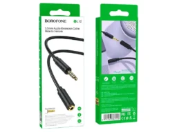 Кабель AUX, Jack 3,5mm(f) - Jack 3,5mm(m) Borofone BL12, 2.0м, круглый, силикон, цвет: чёрный (1/24)