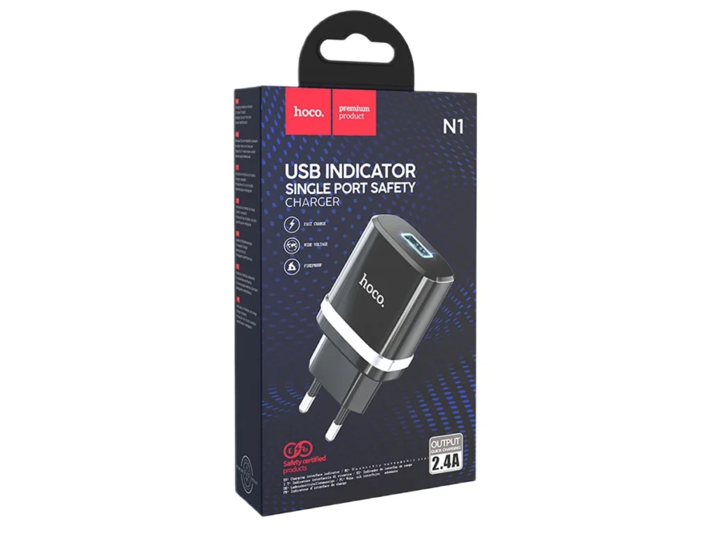 Блок питания сетевой 1 USB HOCO N1, Argent, 2400mA, пластик, огнестойкий, цвет: чёрный(1/12/120)