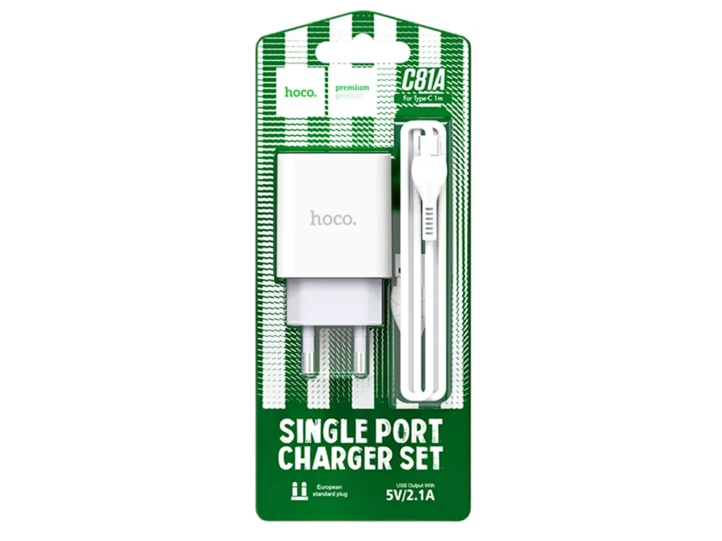 СЗУ 1 USB HOCO C81A, Asombroso, 2100mA, пластик, огнестойкий, кабель Type-C, X37 cool, цвет: белый