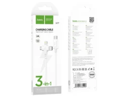 Кабель Type-C - 8 pin, Type-C, микро USB HOCO X77, 1.0м, круглый, 2.0A, силикон, 3 в 1, цвет: белый
