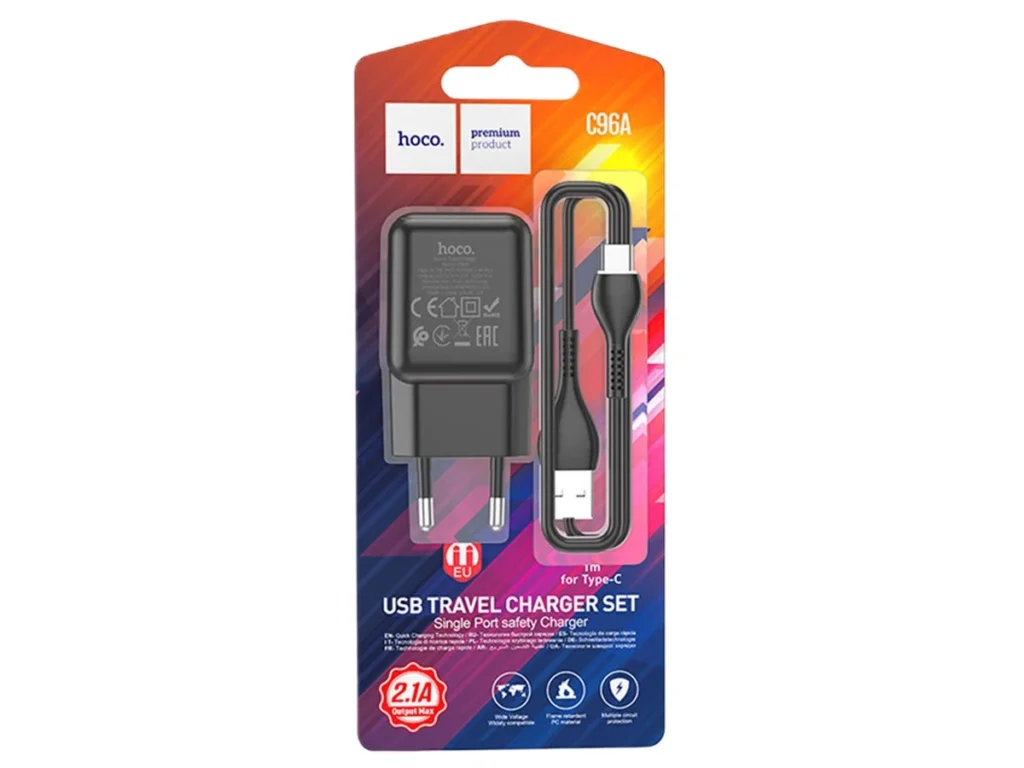 СЗУ 1 USB HOCO C96A, 2100mA, кабель USB - Type-C, 1.0м, цвет: чёрный (1/27/162)