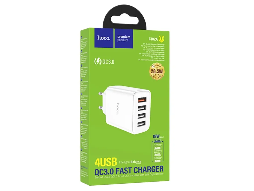 Блок питания сетевой 4 USB HOCO C102A Fuerza, 2.1A, цвет: белый (1/13/130)