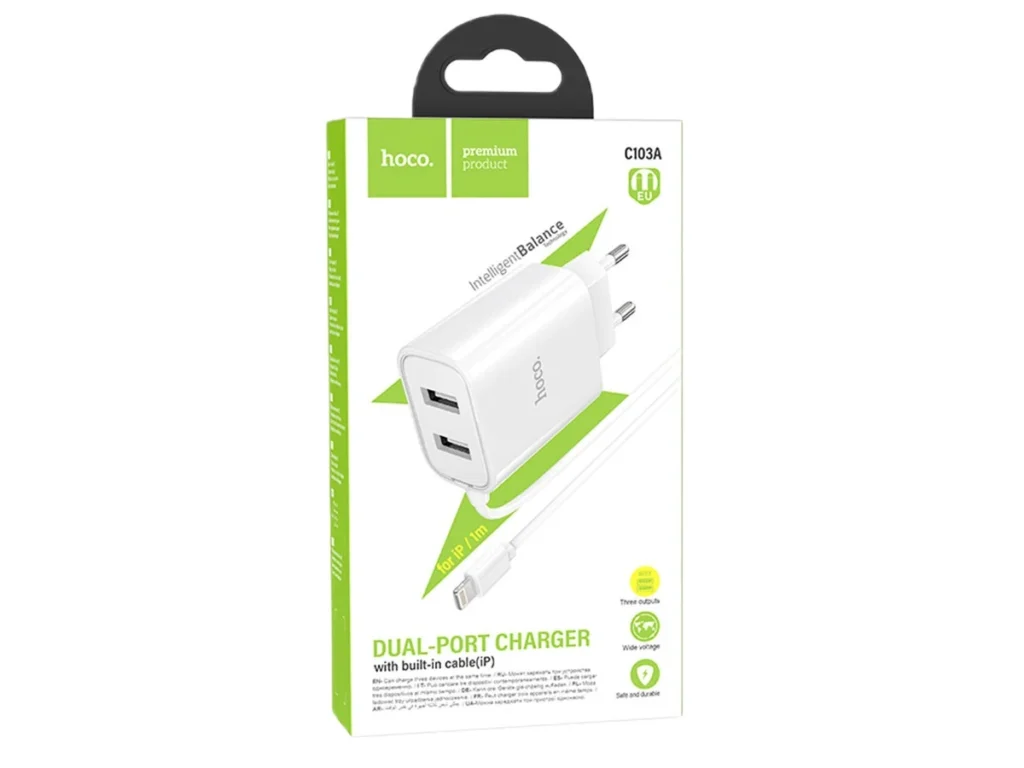 СЗУ 2 USB HOCO C103A Courser, 2.1A, кабель 8 - pin, цвет: белый (1/13/130)