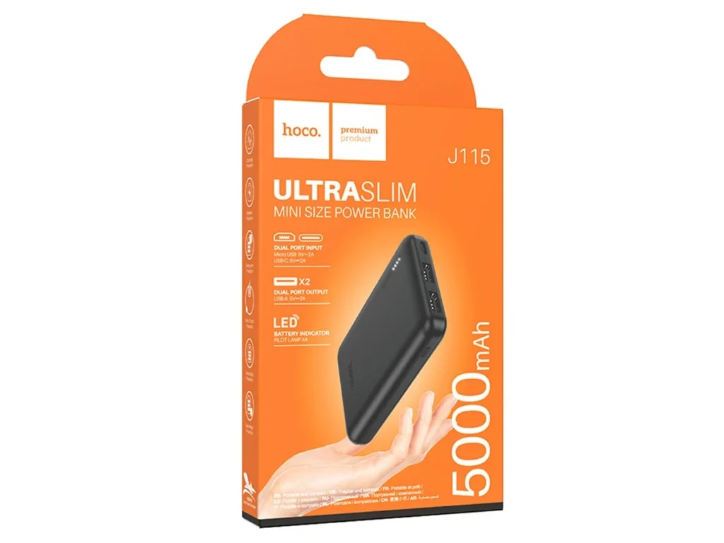 Акк.внешн. HOCO J115 Journey, 5000mAh, алюминий, 2 USB выхода, 2.0А, чёрный !!!