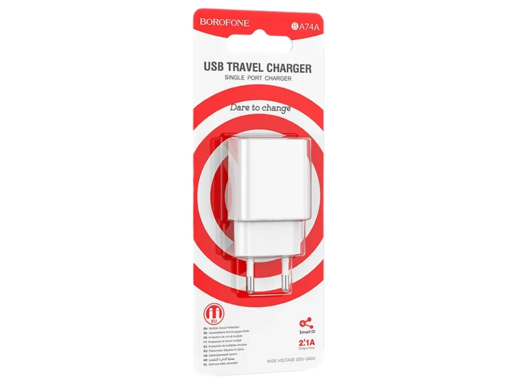 Блок питания сетевой 1 USB Borofone BA74A Aspirer, пластик, 2.1A, цвет: белый (1/78/312)