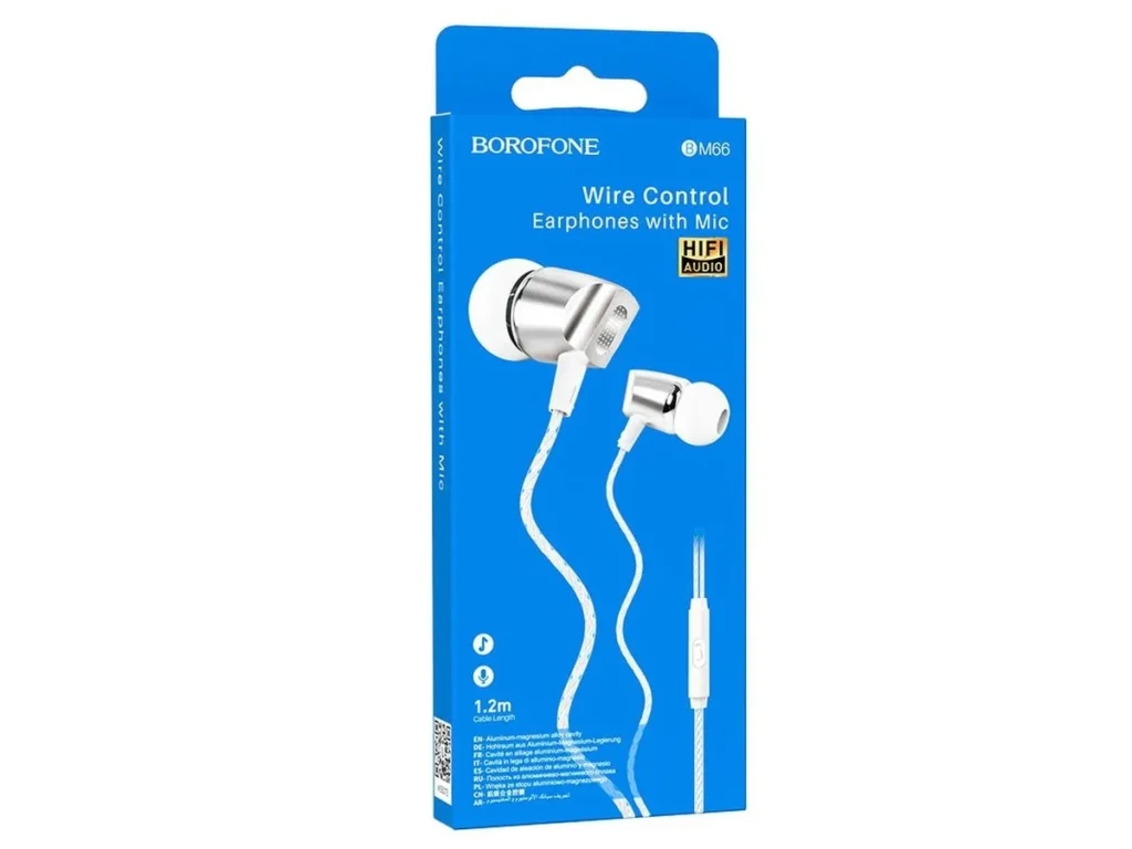 Наушники внутриканальные Borofone BM66, силикон, микрофон, кабель 1.2м, белый, серая вставка
