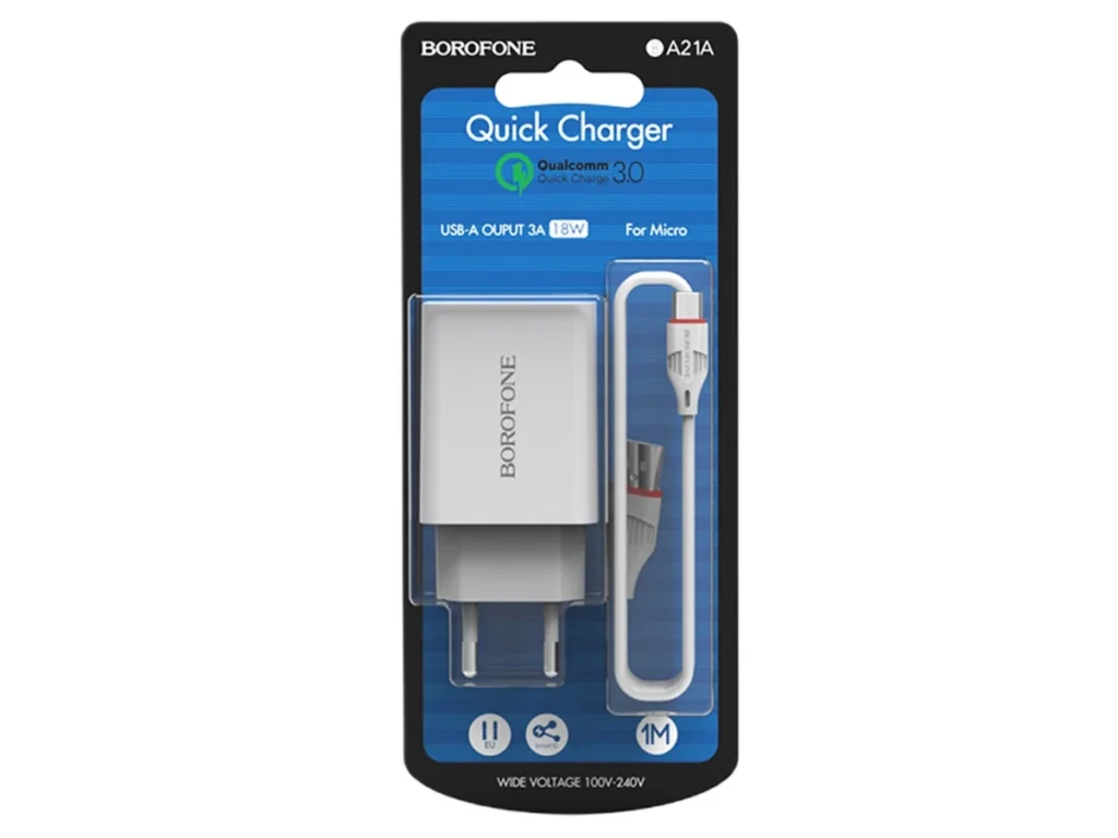 СЗУ 1 USB Borofone BA21A, Longjourney, 2.4A, пластик, быстрая зарядка 3.0, кабель микро USB, белый