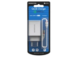СЗУ 1 USB Borofone BA21A, Longjourney, 2.4A, пластик, быстрая зарядка 3.0, кабель микро USB, белый