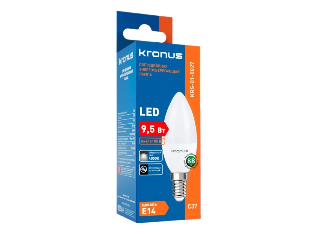 Лампа светодиодная KRONUS C37 свеча 9,5 Вт 220V 4000K E14 нейтральный свет (10/100)