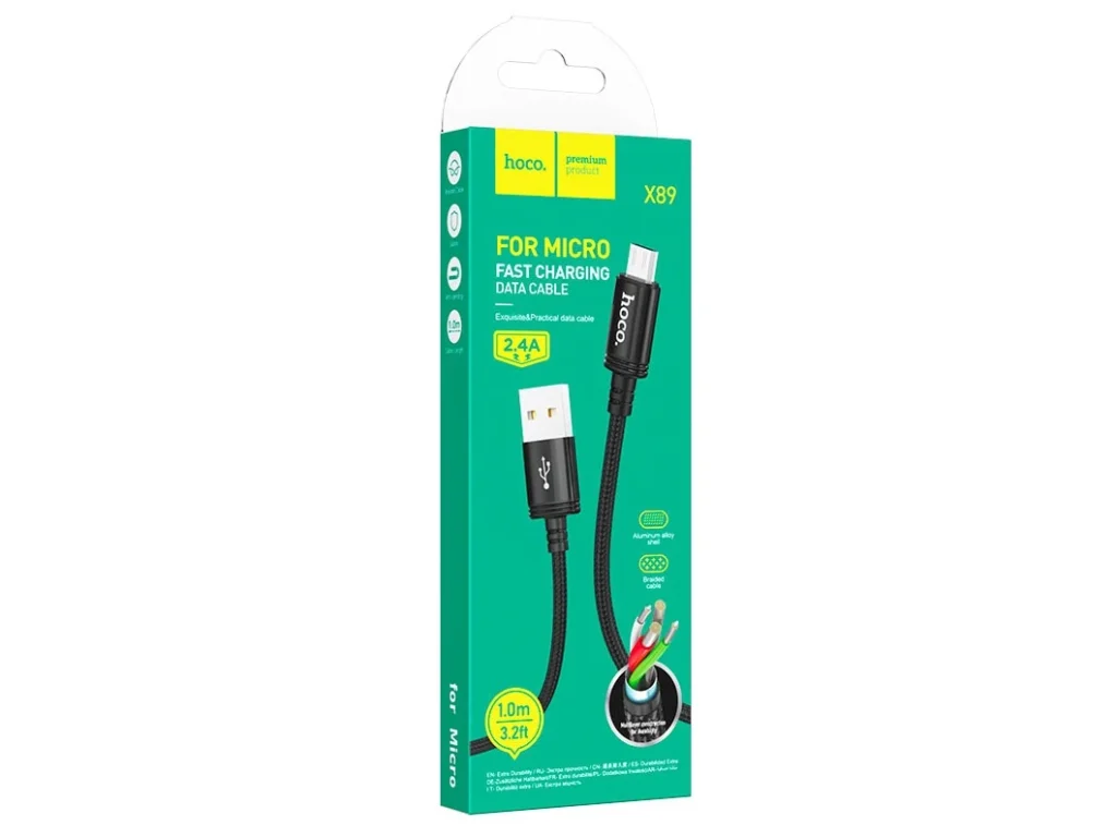 Кабель USB - микро USB HOCO X89 Wind, 1.0м, 2.4A, ткань, цвет: чёрный (1/1000)