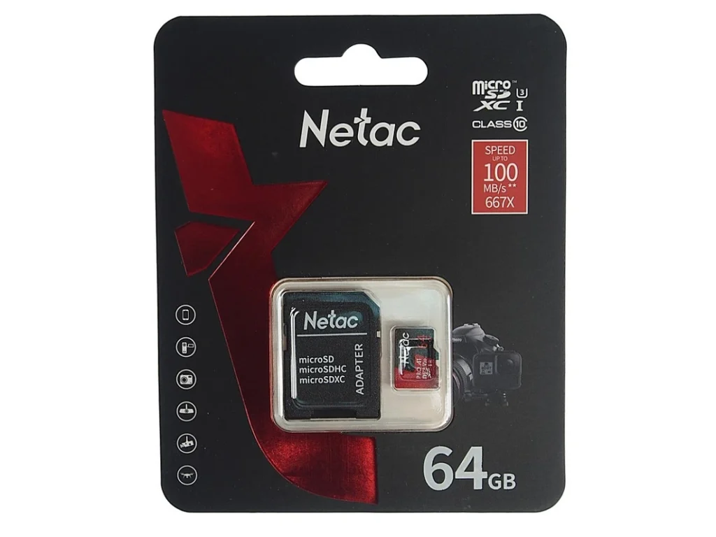 MicroSD 64GB Netac P500 Extreme Pro Class 10 UHS-I A1 V30 (100 Mb/s) + SD адаптер