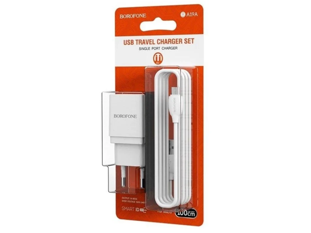СЗУ 1 USB Borofone BA19A, Nimble, 1A, пластик, кабель микро USB, цвет: белый (1/65/260)