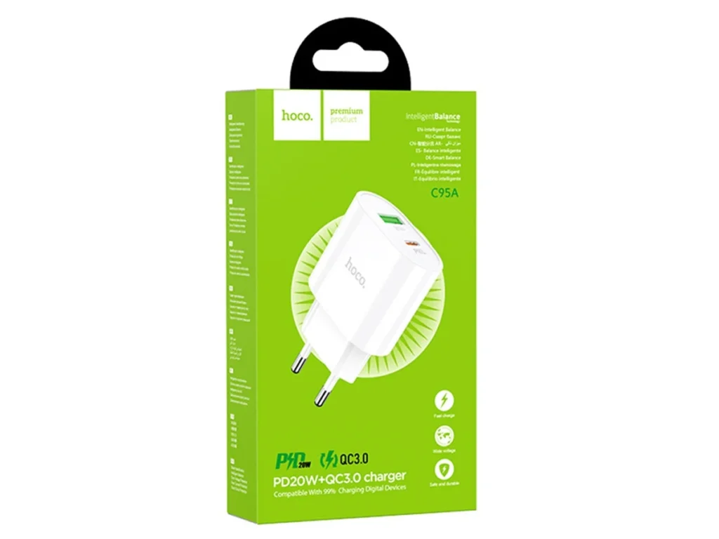 Блок питания сетевой 1 USB, 1 Type-C HOCO C95A, 3000mA, QC3.0, QC2.0, FCP, SCP, AFC, PD3.0, белый