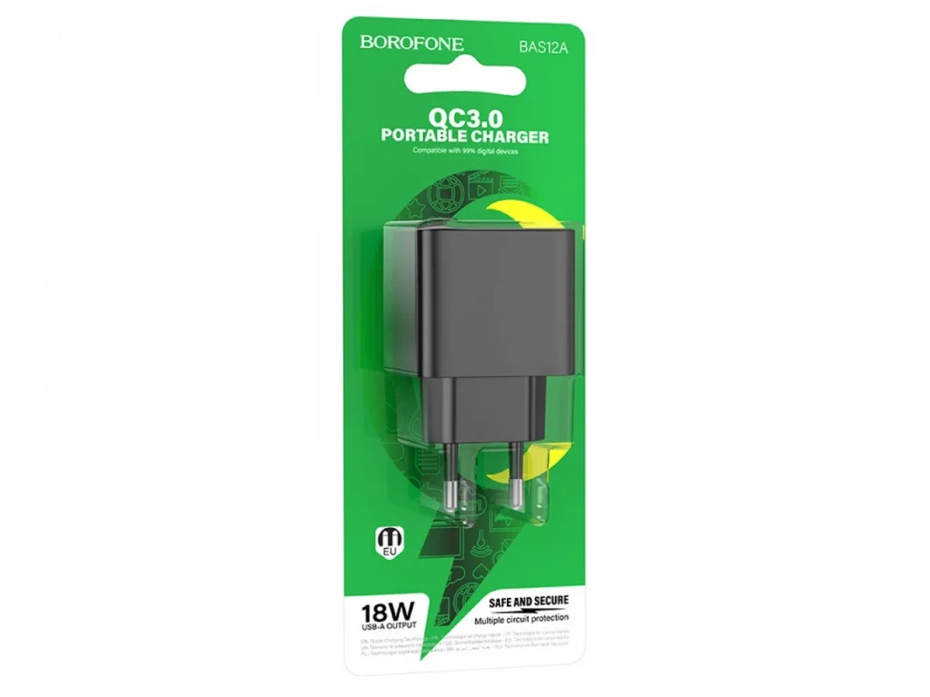Блок питания сетевой 1 USB Borofone BAS12A Erudite, пластик, QC3.0, цвет: чёрный (1/70/280)