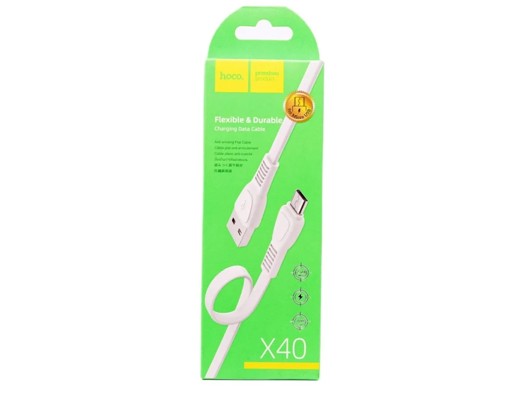 Кабель USB - микро USB HOCO X40 Noah, 1.0м, плоский, 2.4A, силикон, цвет: белый (1/33/330)