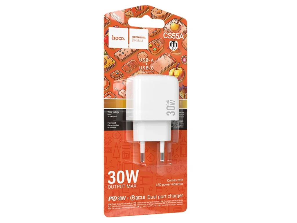 Блок питания сетевой 1 USB, 1 Type-C HOCO CS55A Surplus, 3.0A, PD30Вт, цвет: белый (1/30/180)