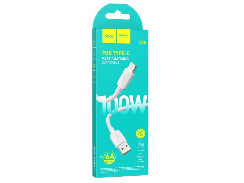 Кабель USB - Type-C HOCO X96 Hyper, 1.0м, PD100Вт, 6.0А, цвет: белый (1/31/310)