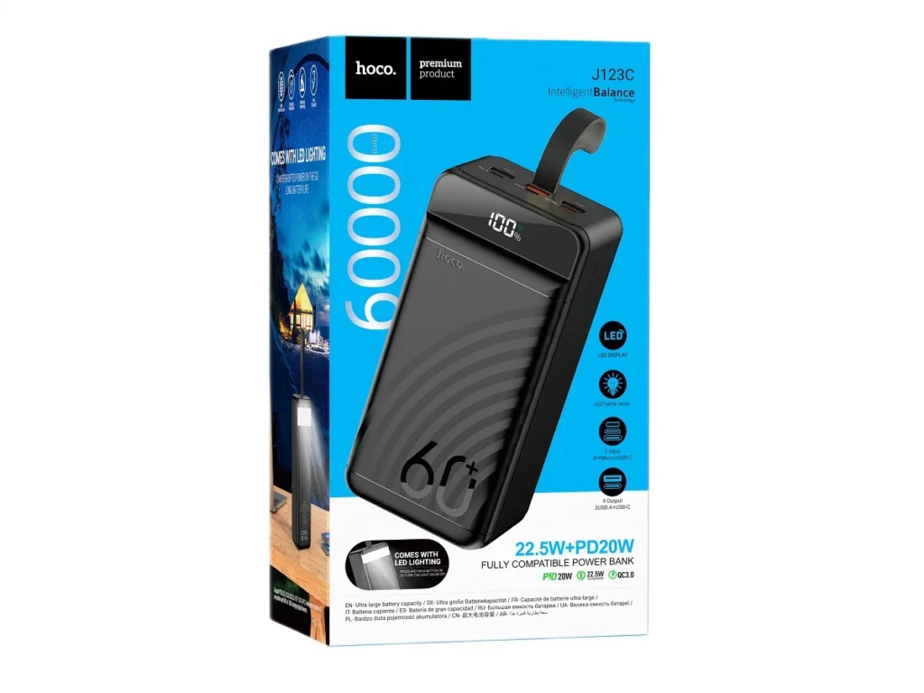 Акк.внешн. HOCO J123C , пластик, дисплей, 60000mAh, PD3.0, 3,0А, цвет: чёрный (1/16)