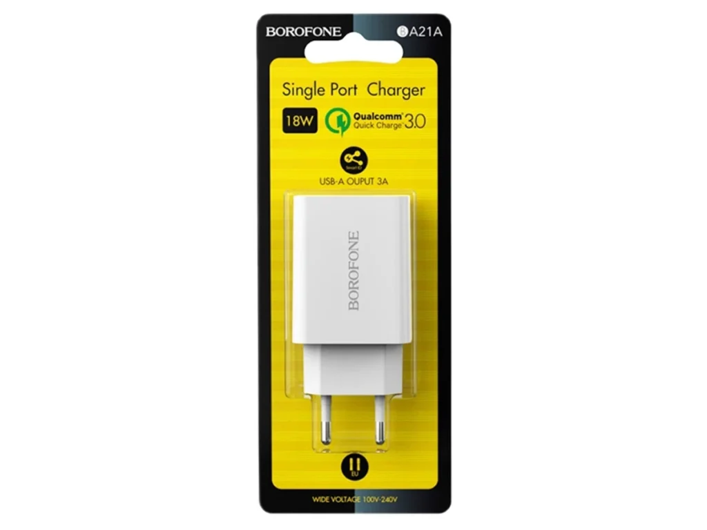 Блок питания сетевой 1 USB Borofone BA21A, Longjourney, 3.0A, пластик, быстрая зарядка 3.0, Белый