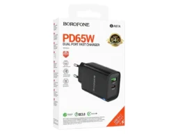 Блок питания сетевой 1 USB, 1 Type-C Borofone BA87A Flare, пластик, PD65Вт, QC3.0, чёрный (1/40)