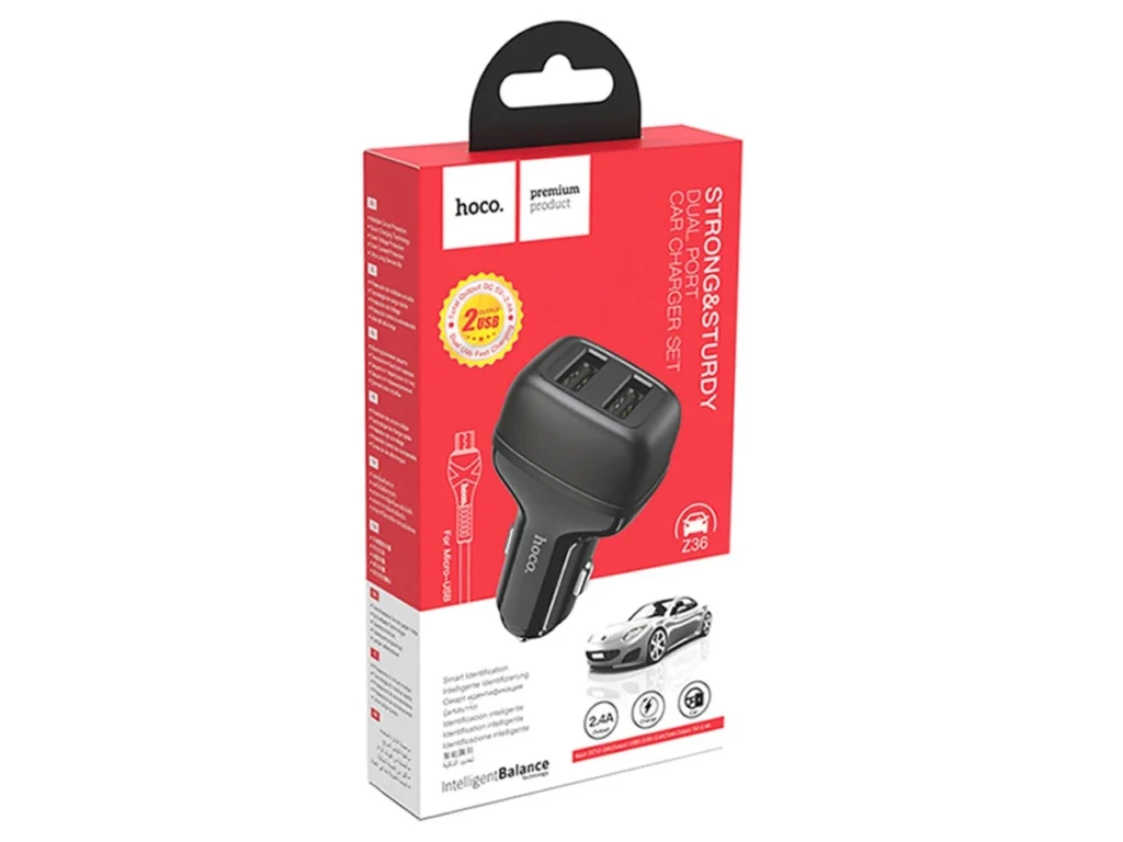АЗУ 2 USB HOCO Z36 Leader, 2400mA, огнестойкий, пластик, чёрный(1/14/140)