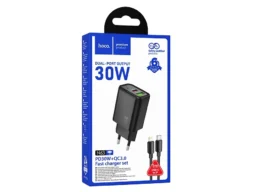 СЗУ 1 USB, 1 Type-C HOCO N63 Gentle, 3.0A, PD30Вт, кабель Type-C - 8 pin, цвет: чёрный (1/12/120)