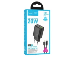 СЗУ 1 USB, 1 Type-C HOCO N61 Gentle, 3.0A, PD20Вт, кабель Type-C - 8 pin, цвет: чёрный (1/12/120)