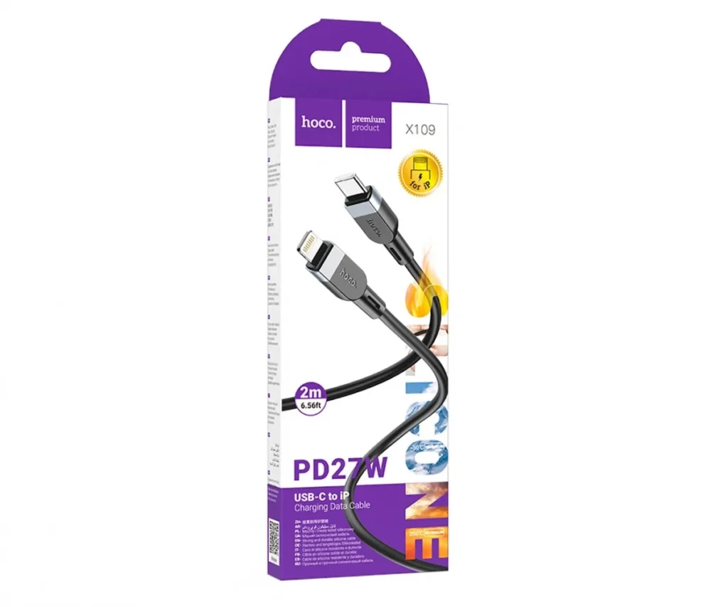Кабель Type-C - 8 pin HOCO X109 Energy, 2.0м, круглый, PD27Вт, 3.0А, силикон, чёрный (1/31/310)