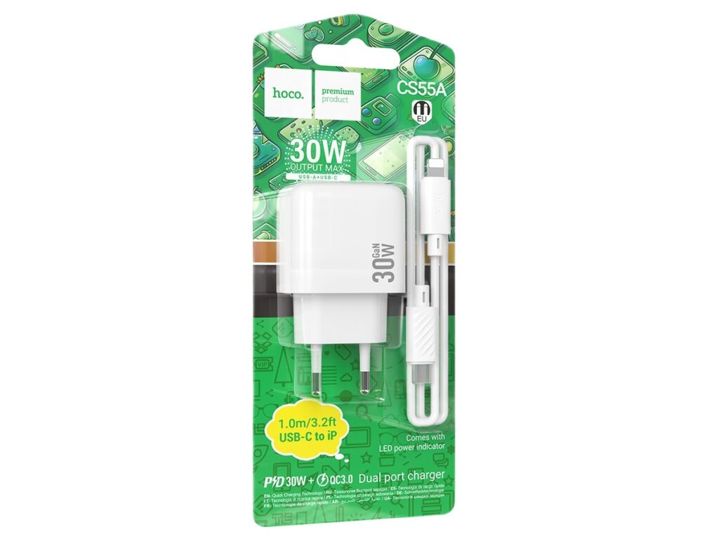 СЗУ 1 USB, 1 Type-C HOCO CS55A Surplus, 3.0A, PD30Вт, кабель Type-C - Type-C, цвет: белый (1/28/168)