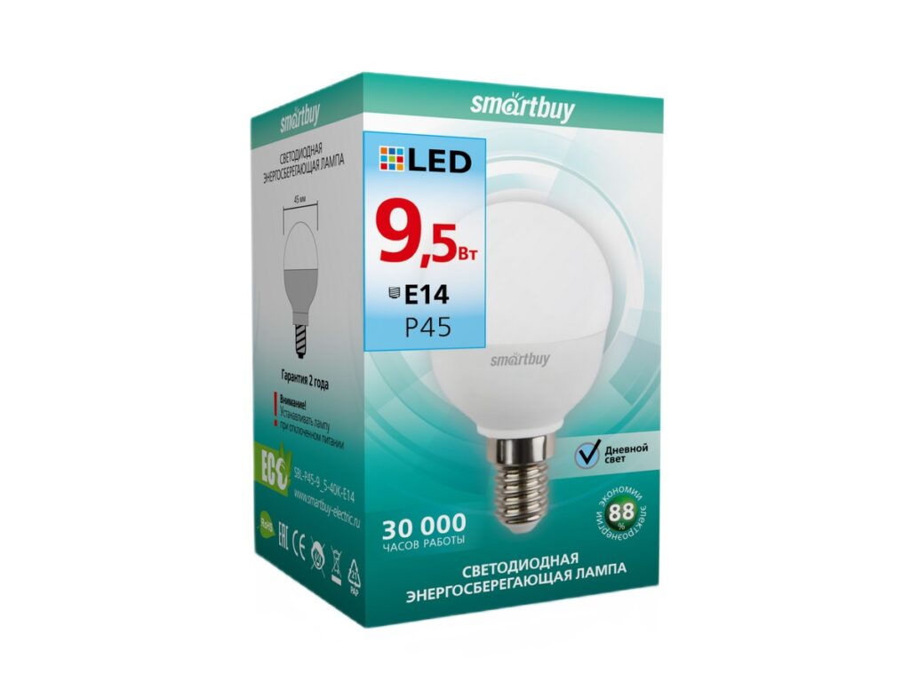 Лампа светодиодная SMARTBUY P45 9,5Вт 220V 4000K E14 (нейтральный свет) (10/100)