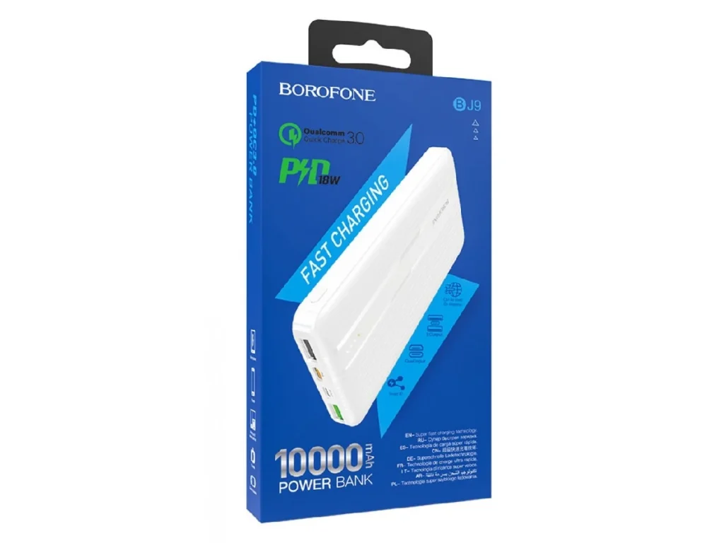 Акк.внешн. Borofone BJ9, Uranus, 10000mAh, пласт, дисплей, QC3.0, 2 USB выхода, микро, Type-C ,белый