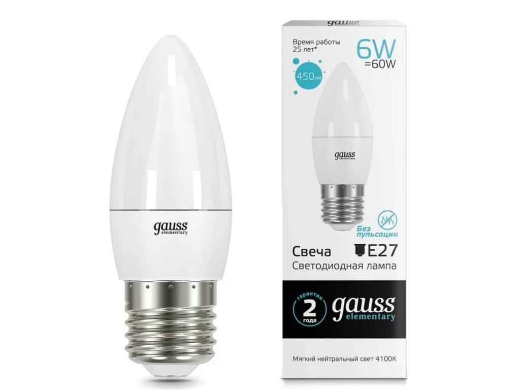 Лампа светодиодная GAUSS Elementary Candle 6W E27 4100K 1/10/50