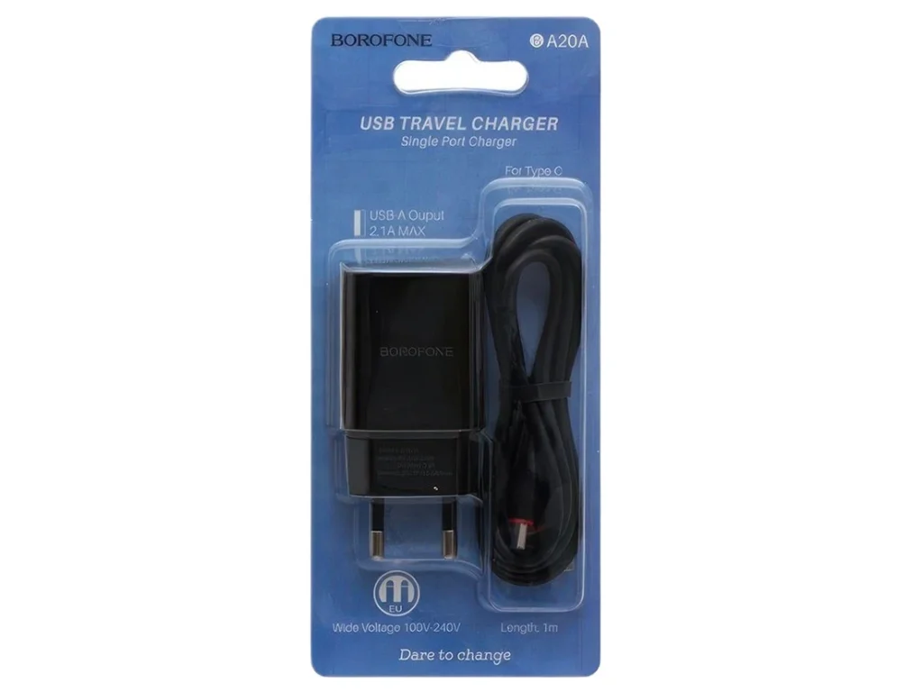СЗУ 1 USB Borofone BA20A, Sharp, 2100mA, пластик, кабель Type-C, цвет: чёрный (1/48/192)