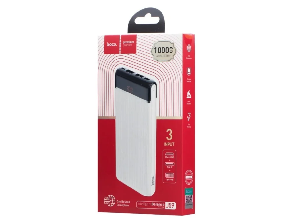 Акк.внешн. HOCO J59, 10000mAh, 2 USB выхода, Micro, Lightning и Type-C входы, дисплей, белый(1/44)
