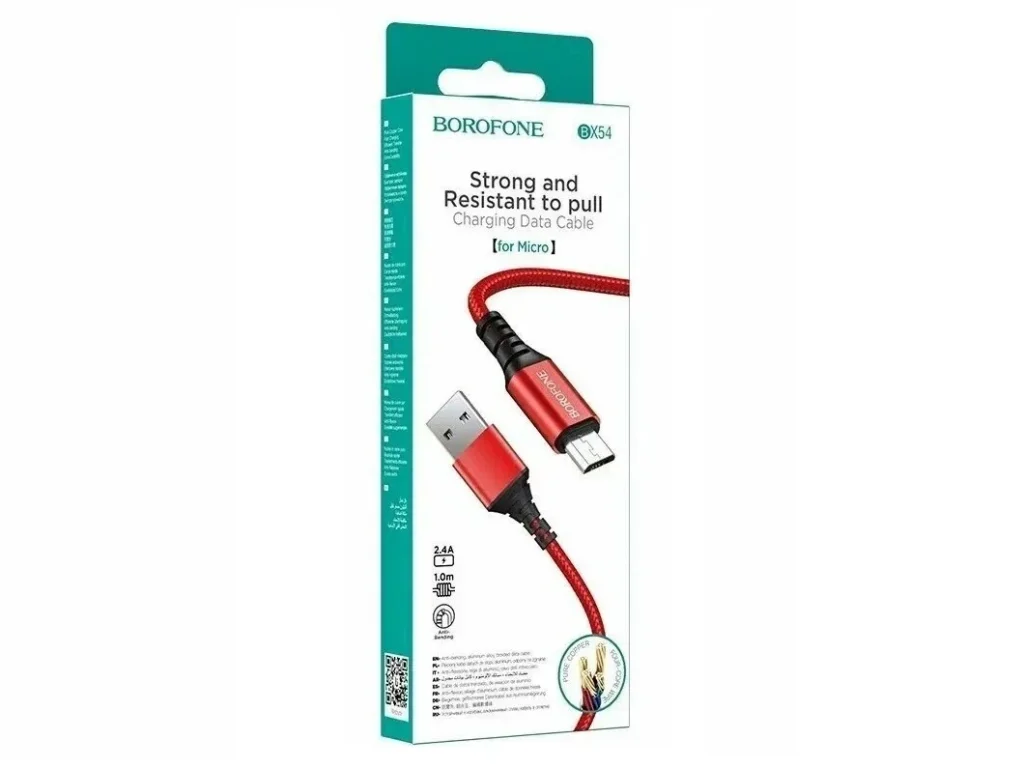 Кабель USB - микро USB Borofone BX54, 1.м, 2.4A, нейлон, цвет: красный (1/360)
