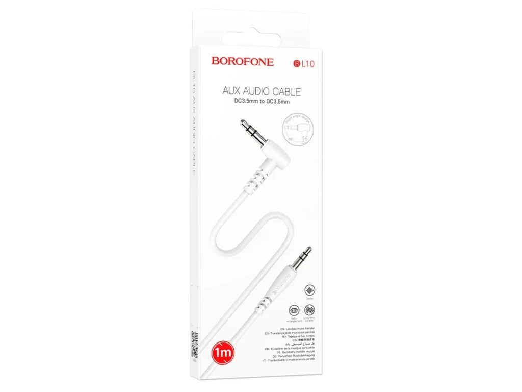 Кабель AUX, Jack 3,5mm(m) - Jack 3,5mm(m) Borofone BL10, 1.0м, круглый, силикон, боковой, белый