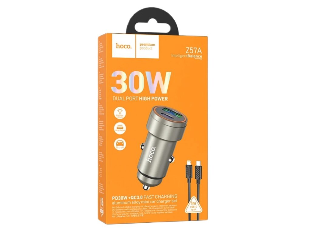 АЗУ 1 USB 1 Type-C HOCO Z57A Glorious, 3.0A, металл, QC3.0, PD30Вт, кабель Type-C - 8 pin, серый