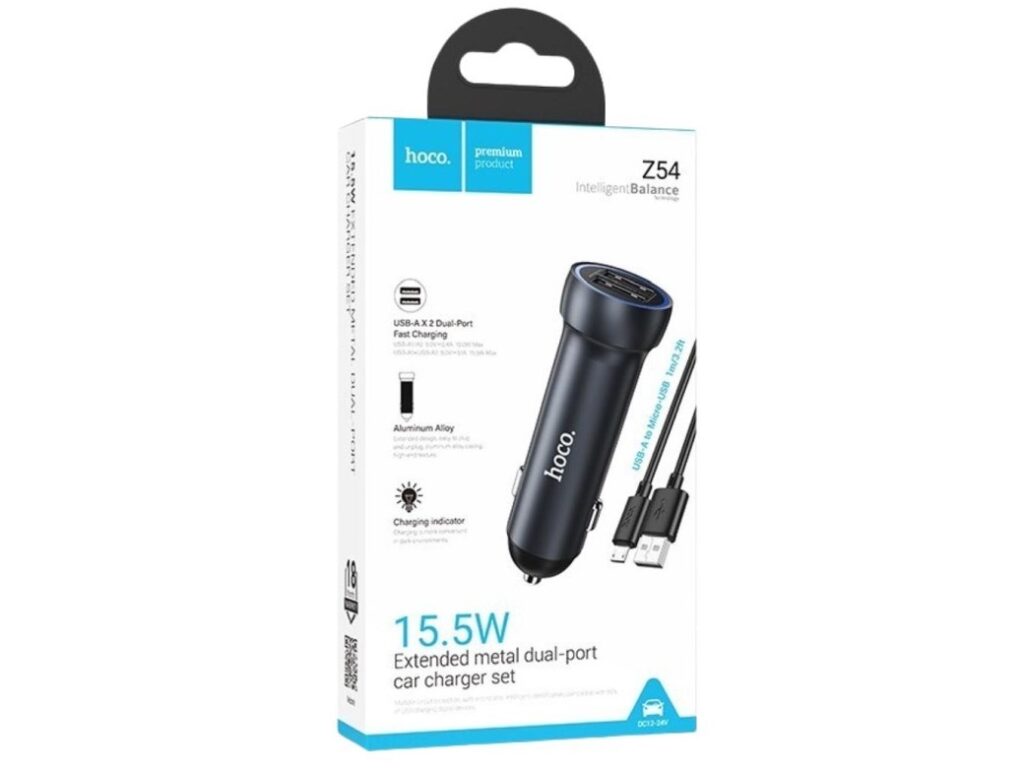 АЗУ 2 USB HOCO Z54 Prosperous, 3.1A, металл, кабель USB - микро USB, цвет: серый (1/13/130)
