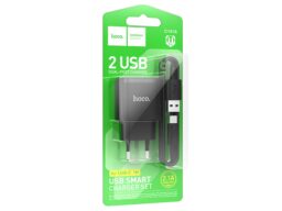 СЗУ 2 USB HOCO C141A Smart, 2100mA, пластик, кабель USB - Type-C, цвет: чёрный (1/36/216)