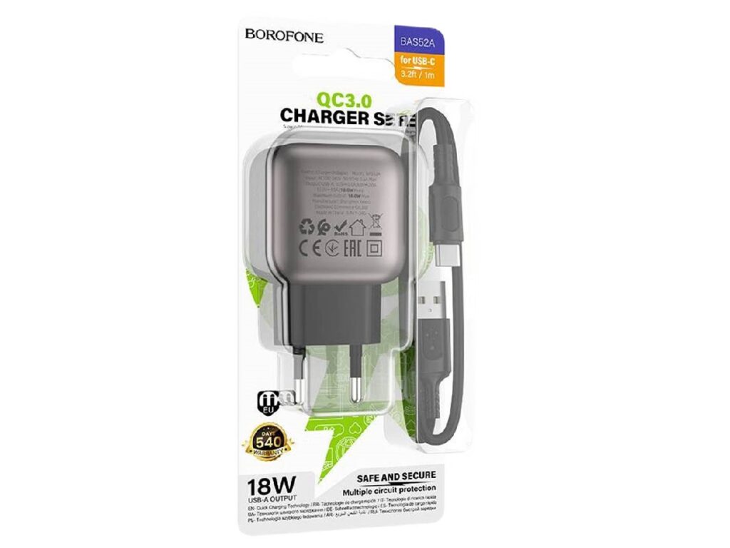 СЗУ 1 USB Borofone BAS52A Absolute, пластик, PD18Вт, QC3.0, кабель USB - Type-C, чёрный (1/48/192)
