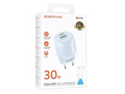 СЗУ 1 USB, 1 Type-C Borofone BA94A Lustrous, пластик, PD30Вт, QC3.0, кабель Type-C - Type-C, синий